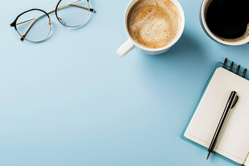 Top view of office desk with laptop, coffee cup and notebook on blue background. Flat lay style. Copy space for text or design. Minimal concept. Mockup.