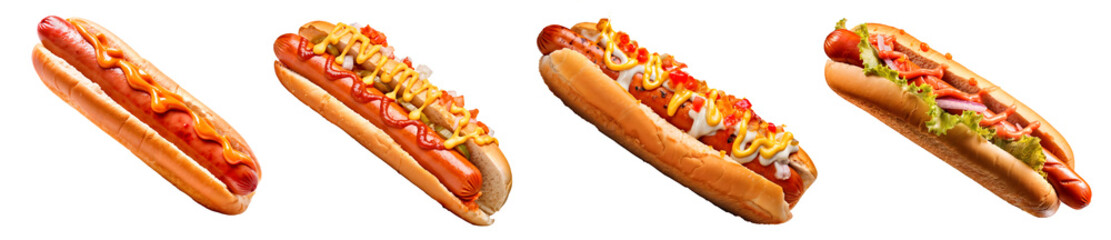 Wall Mural - Set of delicious hot dogs with sauce and mustard, isolated on transparent background