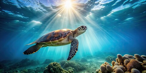 Wall Mural - Sea turtle swimming under sun rays in coral-filled water, Sea turtle, under water, sun rays, coral, marine life