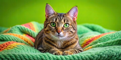 Wall Mural - A cute tabby cat lounging on a vibrant green blanket, cat, feline, pet, tabby, cozy, comfortable, relaxation, domestic, whiskers