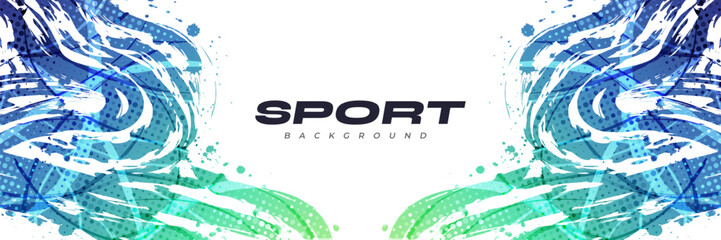 Abstract Sport Background with Blue and Green Gradient Brush Texture and Halftone Effect. Vibrant Grunge Background