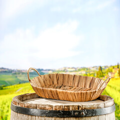 Wall Mural - Empty top of old wooden wine barrel on a vineyard in the countryside. Copy space for food and drink and decoration or products.