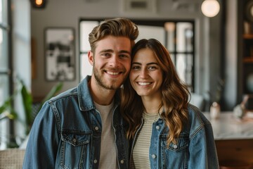 Wall Mural - Portrait of a smiling caucasian couple in their 20s sporting a rugged denim jacket isolated on sophisticated corporate office background