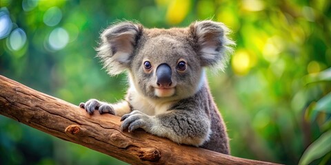 Sticker - Adorable koala bear cub hanging onto a tree branch, Koala, bear, cub, Australia, wildlife, cute, eucalyptus, branch, marsupial