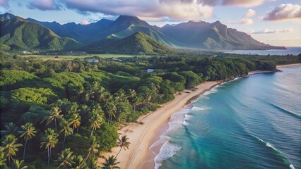 Wall Mural - Aerial view of a tropical beach with lush mountains in the background, tropical, beach, aerial view, mountains, lush