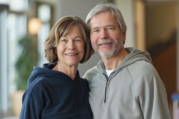 Poster - Portrait of a happy caucasian couple in their 50s sporting a comfortable hoodie isolated on sophisticated corporate office background