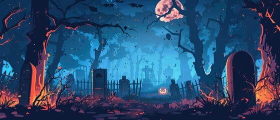 Wall Mural - death forest graveyard at halloween night with creepy trees and spooky misty atmosphere