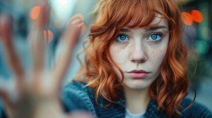 Wall Mural - Red-haired girl her hand in front of her to stop something from happening.