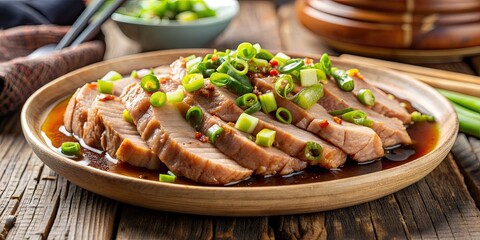 Wall Mural - Delicious steamed pork dish with soy sauce and spring onions, Steamed, pork, dish, food, traditional, Asian, cuisine, meat