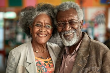 Wall Mural - Portrait of a merry mixed race couple in their 70s dressed in a stylish blazer over lively classroom background