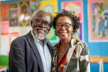 Wall Mural - Portrait of a merry mixed race couple in their 70s dressed in a stylish blazer while standing against lively classroom background