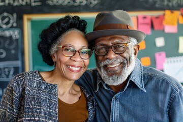 Poster - Portrait of a happy mixed race couple in their 70s donning a classic fedora isolated on lively classroom background