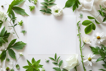 Wall Mural - Photo of a blank wedding invitation mockup on a white background with flowers and green leaves, in a top view, flat lay style.