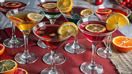 Poster - Martini glasses filled with rainbow cocktails and adorned with orange slices, cocktail, martini, glass, rainbow, colorful, drink