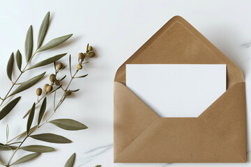 Poster - Photo of a blank card and envelope on a white background, in a top view mockup. With an olive branch. Mock up template for a wedding invitation or text message, minimally editing the original text.