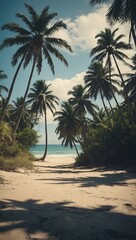 Wall Mural - Palm-lined tropical ocean beach with vintage film tones and distressed flare effects