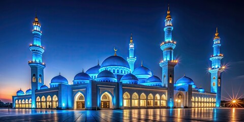 Sticker - Nighttime tranquility Mosque illuminated with blue light, mosque, night, tranquility, blue, light, glow, serene