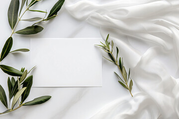 Wall Mural - Photo of a blank card and envelope on a white background, top view. Web banner with space on the right for text 