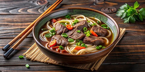 Canvas Print - Delicious and comforting Asian beef noodle soup served in a bowl , Asian cuisine, noodle soup, beef, comfort food