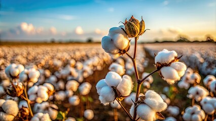 Sticker - Close-up of cotton bolls on plant with cotton field in background, cotton, bolls, plant, field, agriculture, organic, farming