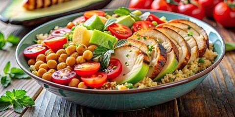 Canvas Print - A close-up photo of a colorful and nutritious bowl of quinoa salad with avocado, tomatoes, chickpeas, and grilled chicken