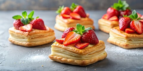 Canvas Print - Sweet puff pastry cakes with fresh strawberries on top, food, dessert, pastry, sweet, berry, fruity, delicious, homemade