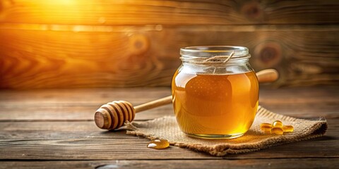 Wall Mural - Glass jar filled with golden honey, perfect for food and kitchen themed designs, honey, jar, glass, container, sweet, food