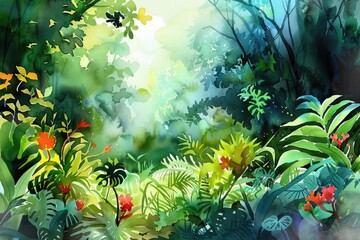 Lush tropical forest scene with vibrant green foliage, colorful flowers, and sunlit canopy creating a serene and beautiful natural landscape.