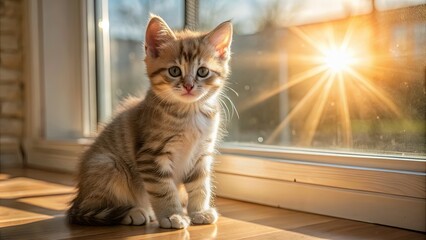 Wall Mural - A cute kitten sitting next to a sun-drenched window, basking in the warm glow of sunlight, kitten, cute, sun, window, warm, glow