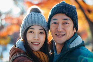 Wall Mural - Portrait of a tender asian couple in their 30s sporting a trendy beanie in front of bright and cheerful park background