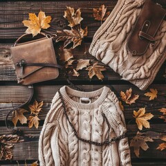 Wall Mural - Warm sweater, bag and dry leaves on brown wooden background, flat lay with space for text. Autumn fashion