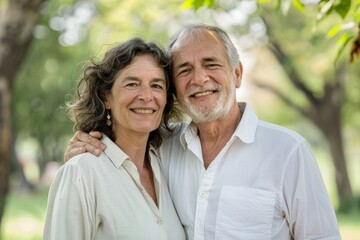 Wall Mural - Portrait of a happy couple in their 50s wearing a simple cotton shirt while standing against bright and cheerful park background