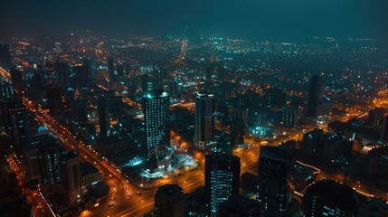 Poster - Stunning night view of a Saudi Arabia city skyline with modern skyscrapers and vibrant lights.