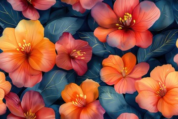 Wall Mural - Orange and Red Flowers on Dark Blue Background