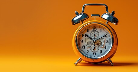 a yellow alarm clock on a dollar with a yellow background