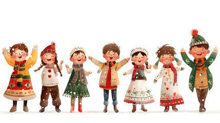 Joyful children dressed in colorful winter attire, singing and celebrating the holiday season together on a white background.