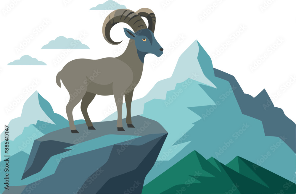 Vector illustration of a mountain goat standing confidently on a rock ...