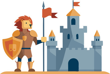 illustration of a lion knight holding a shield and flag, standing beside a medieval castle with flag