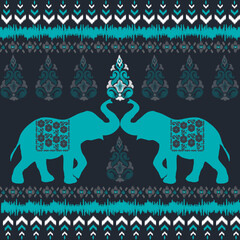 Wall Mural - Thai ethnic traditional Blue Asian elephant pattern illustration design pixel art abstract geometric