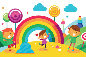 Illustration of happy children playing in a joyful, colorful candy land. Features vibrant rainbow, lollipops, and whimsical scenery.