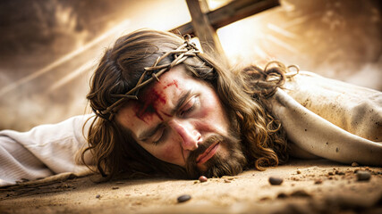 Poster - Jesus Christ wounded and lying on the ground exhausted from the suffering of the cross