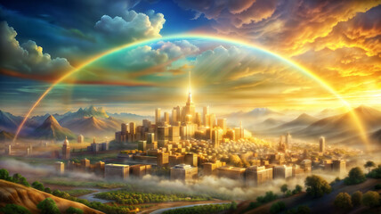 Illustration of a golden city with rainbow over the city