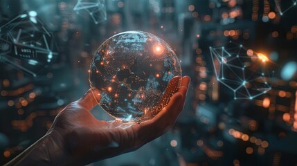 Aufkleber - Hand holding Global network connection to big data around the world.a nd tecnology internet metaverse concept 