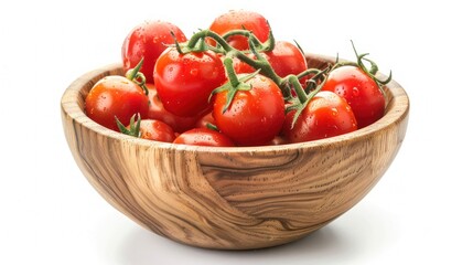 Wall Mural - Fresh red cherry tomatoes with half sliced in wooden bowl isolated on white background. 