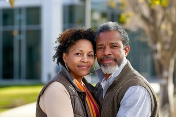 Poster - Portrait of a content afro-american couple in their 40s dressed in a polished vest on modern university campus background