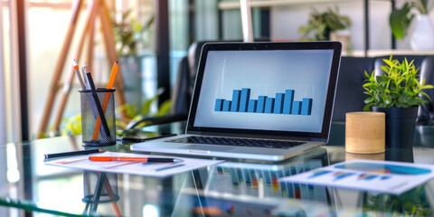Aufkleber - Modern Financial Analysis: Laptop and Charts on Glass Desk in Office Setting