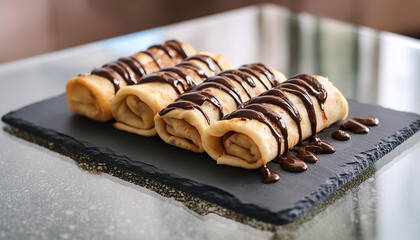 Wall Mural - Rolled pancakes with chocolate ganache, black slate on glass table. Tasty food. Delicious breakfast.