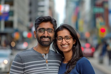 Poster - Portrait of a joyful indian couple in their 20s sporting a technical climbing shirt while standing against bustling city street background