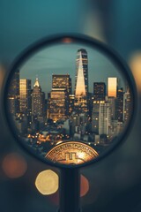 Wall Mural - A magnified image of a coin with a faint city skyline in the background  AI generated illustration