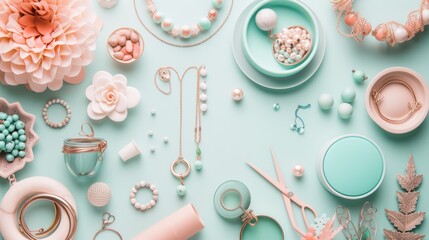 Poster - A meticulously arranged flat lay of jewelry-making materials against a plain pastel backdrop  AI generated illustration